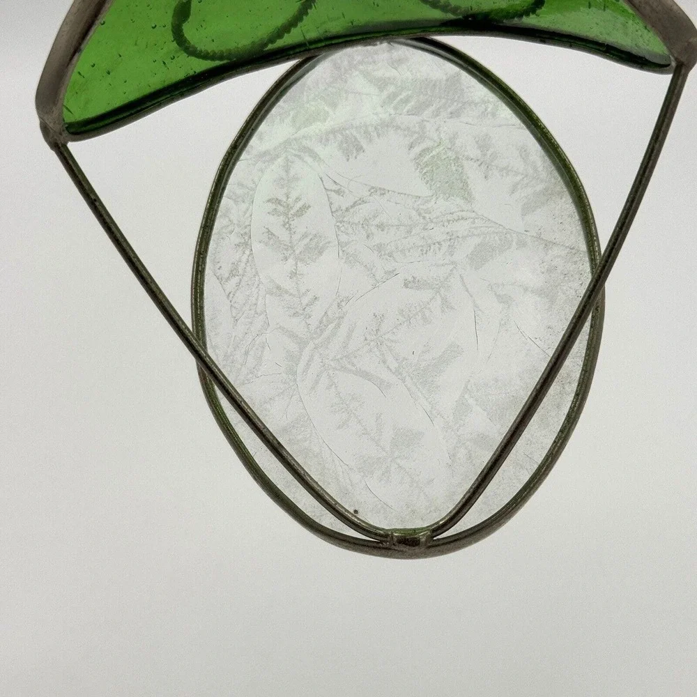 Vintage Green Glass Angel Tea Light Holder Frosted‎ Wings Stained Glass Style 6